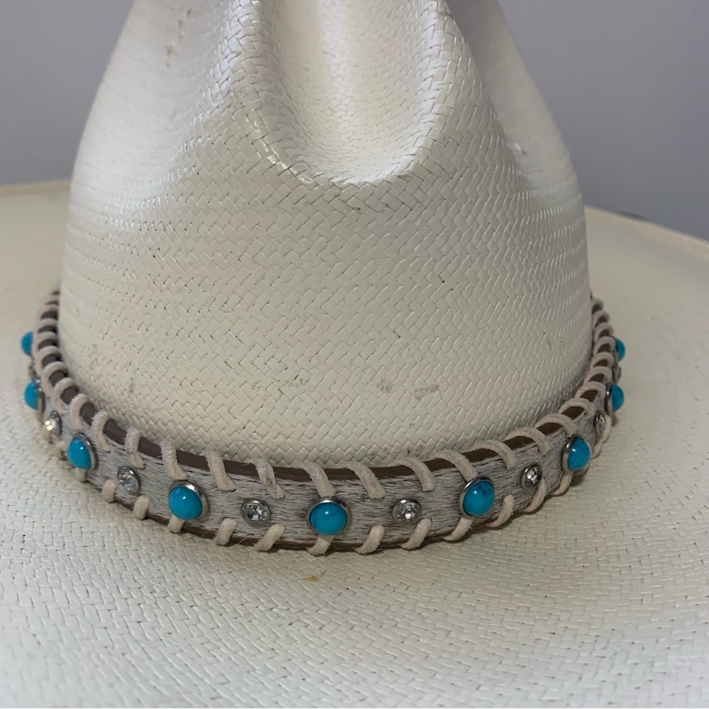 Teal & Rhinestone Cowhide Hat Band, Cowboy Cowgirl Rodeo Western NFR
